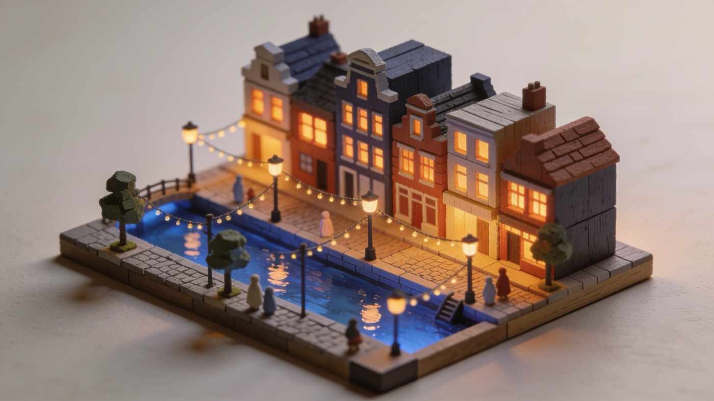 A miniature canal-side street at dusk with lit windows, string lights over the lane and lamps reflected in the water