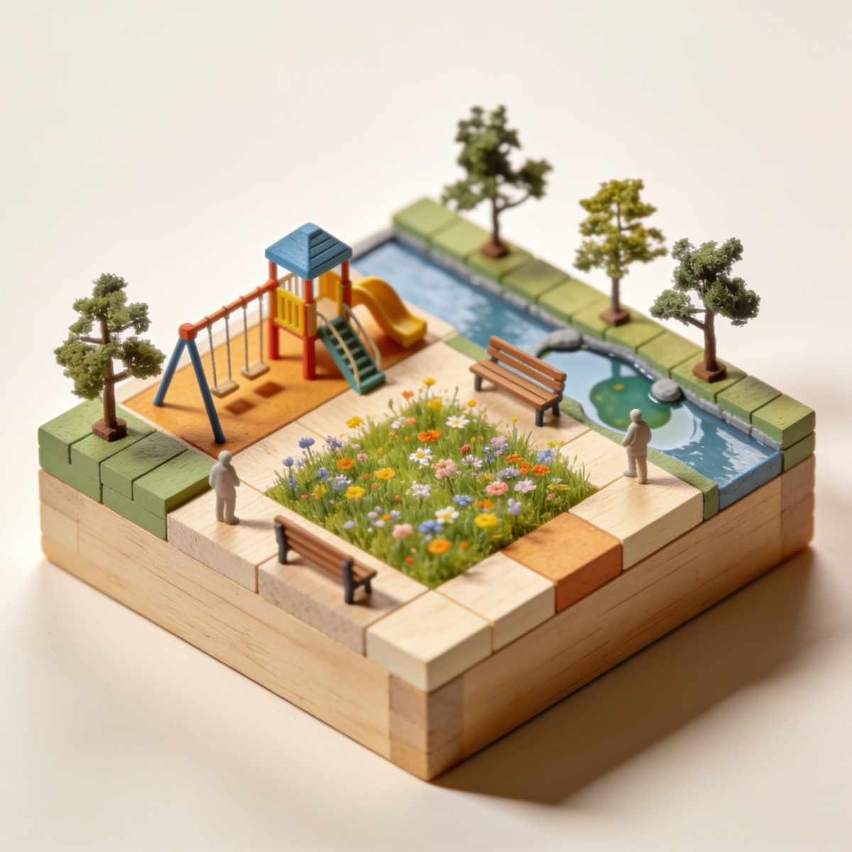 A miniature pocket park with a playground, a wildflower meadow, benches and a pond beside the canal