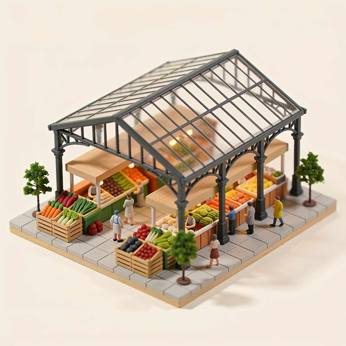 A miniature iron and glass market hall with stalls of vegetables and fruit in crates and tiny figures shopping