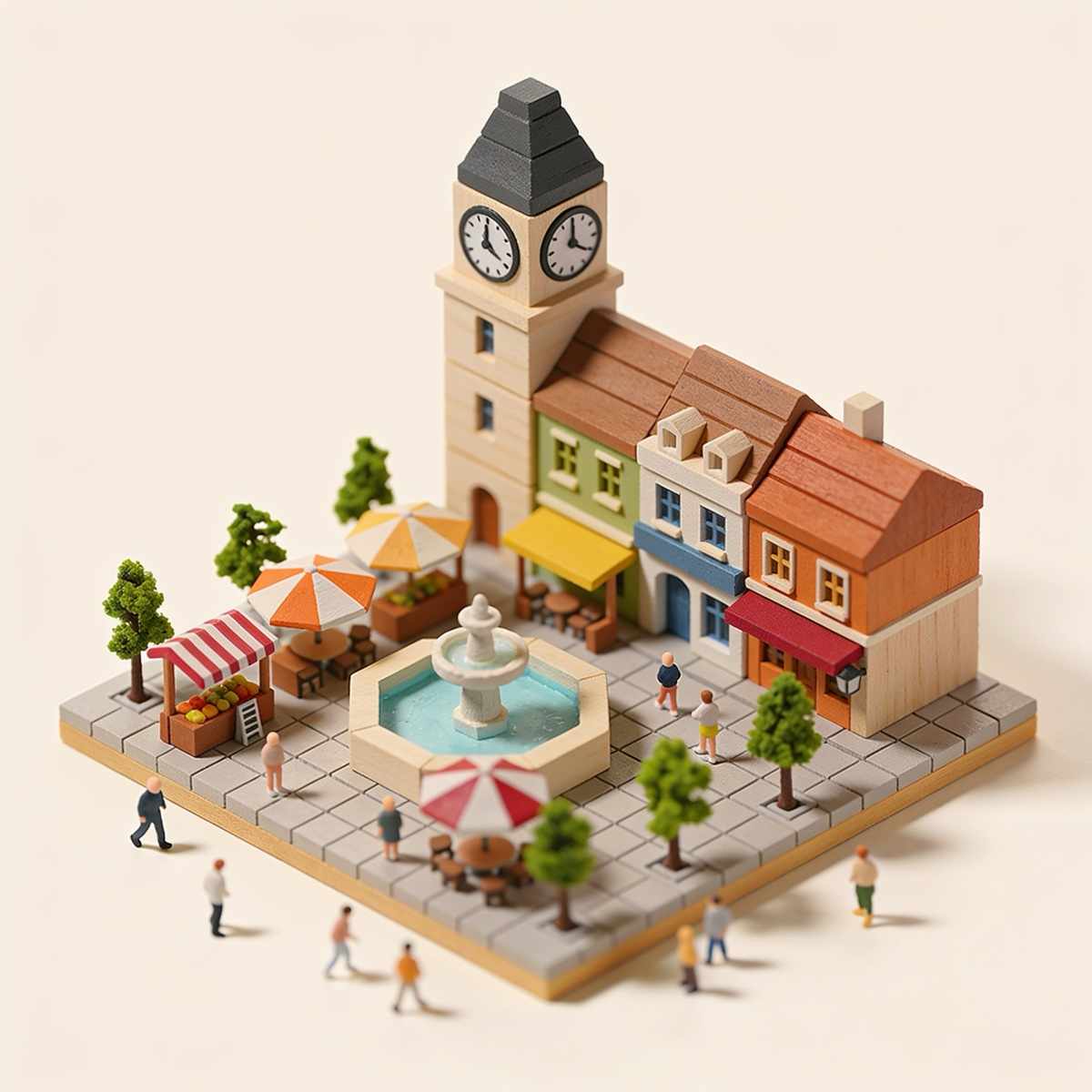 A miniature town square with a clock tower, a fountain, market umbrellas and trees