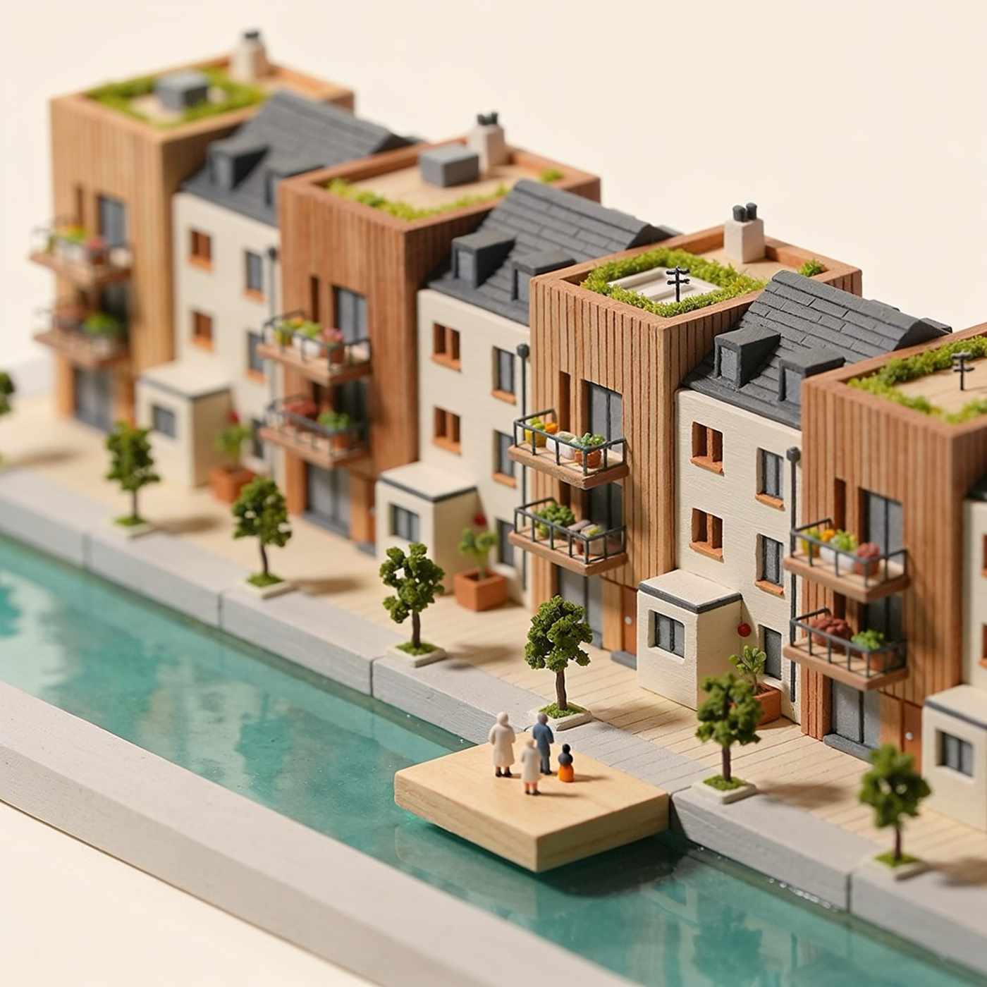 A row of miniature timber-clad townhouses with roof gardens and small balconies along a canal
