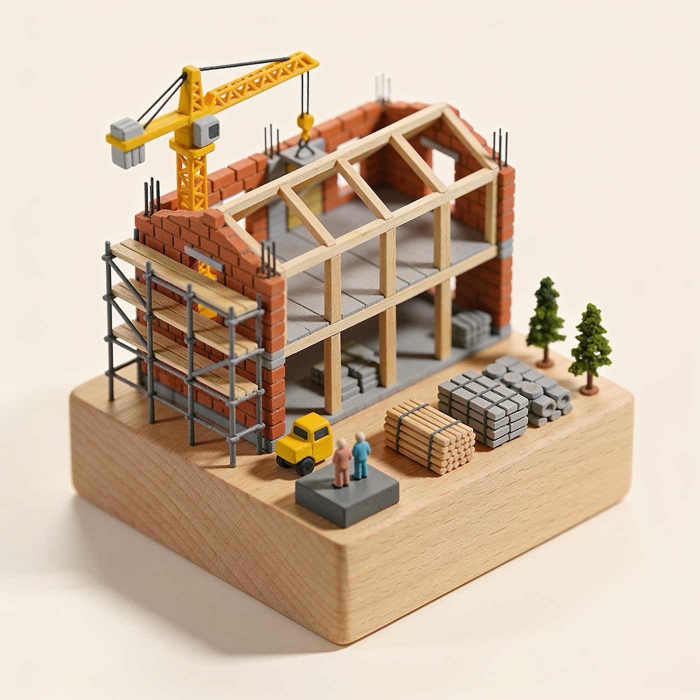 A miniature building site with a half-built brick and timber building, scaffolding and a small yellow crane