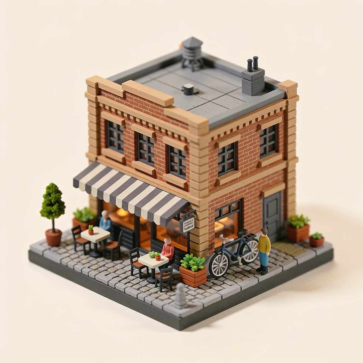 A miniature brick corner café with a striped awning and little tables on the cobbles, a bicycle and potted plants