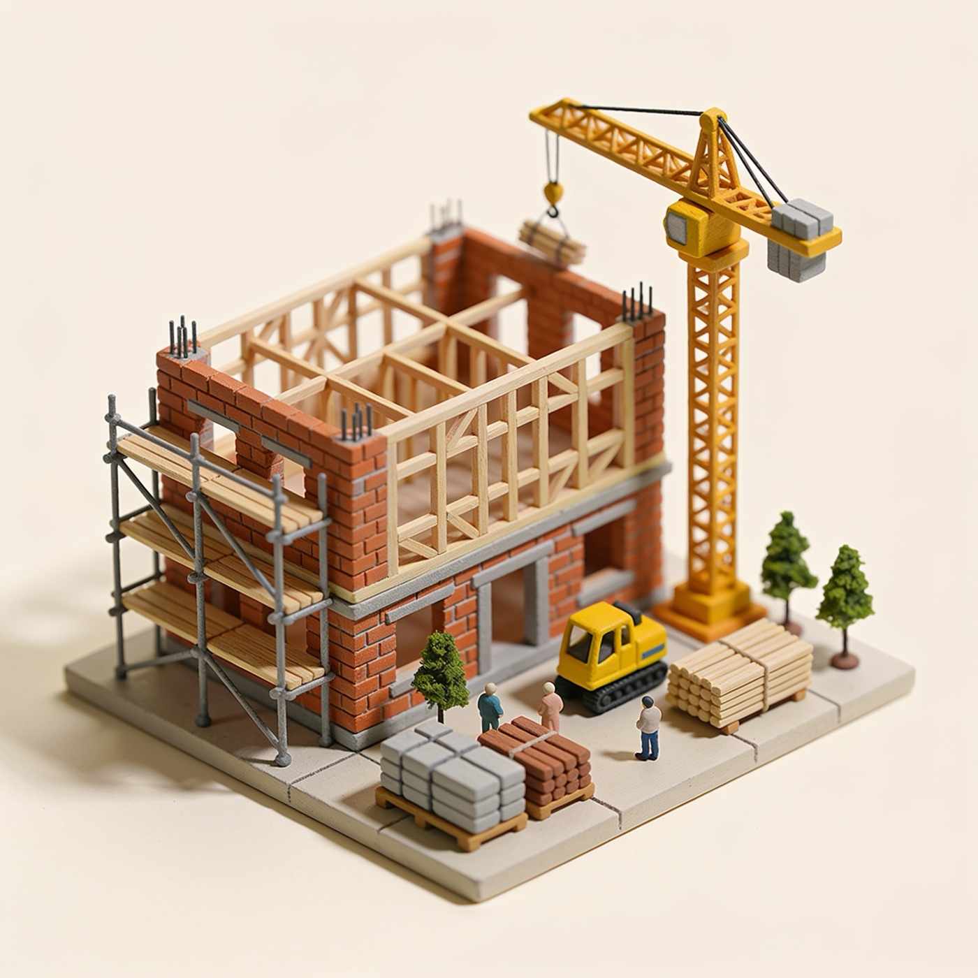A miniature building site with a half-built brick and timber building, scaffolding, a small yellow crane and stacks of materials