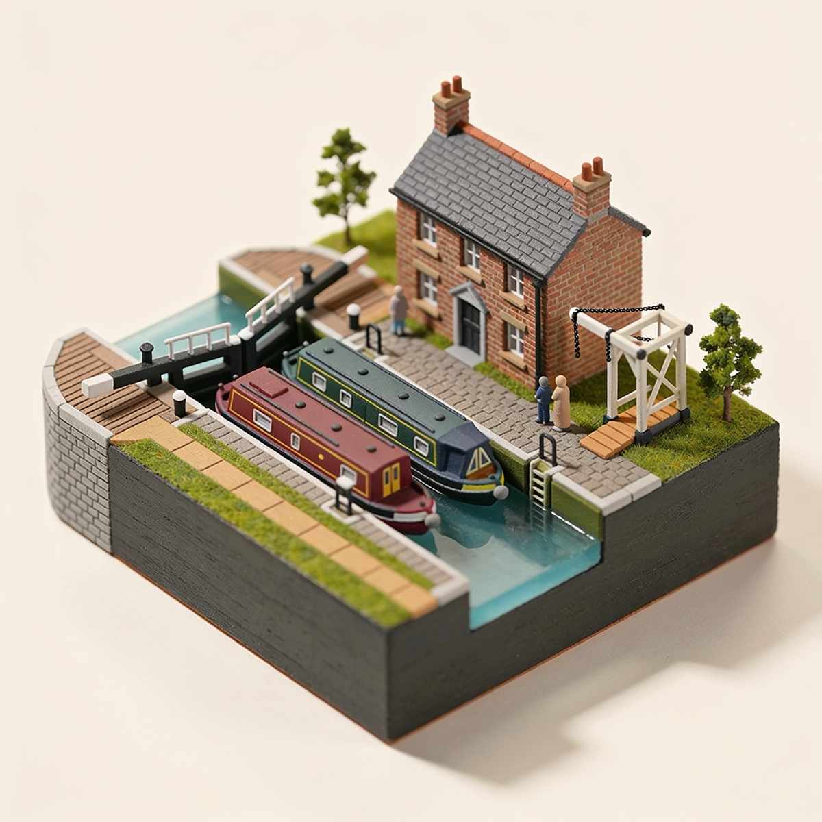 A miniature canal lock with two narrowboats, a towpath and a small brick lock-keeper's cottage