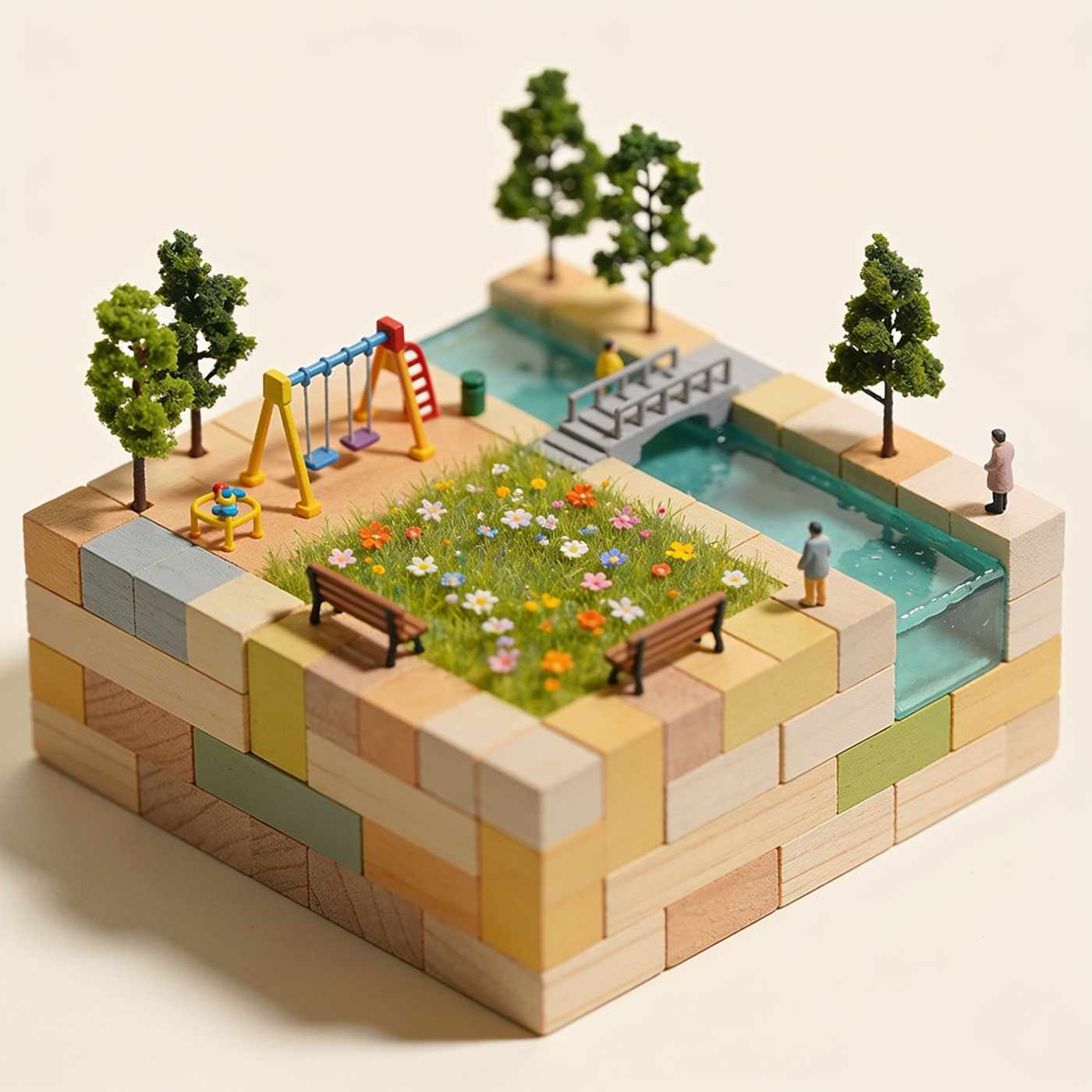 A miniature pocket park with a meadow of wildflowers, a playground, benches and a pond