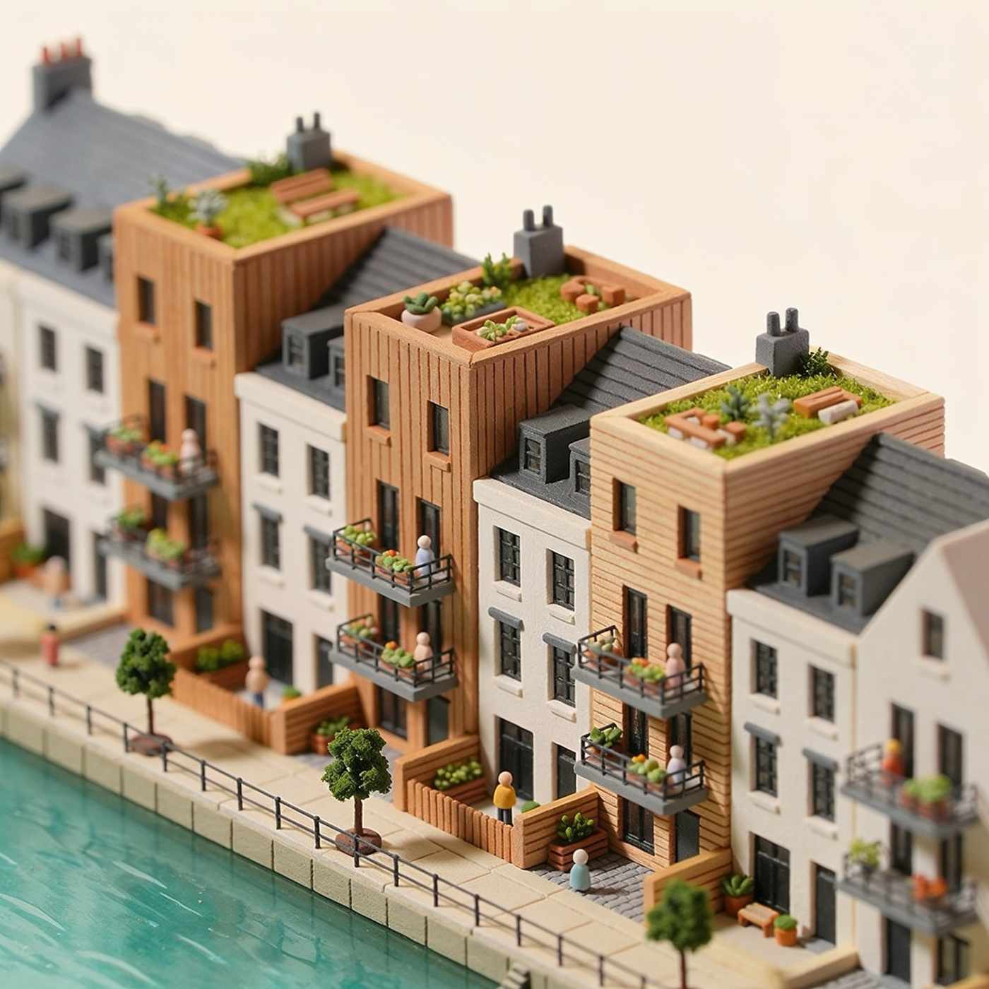 Miniature townhouses with planted roof gardens and balconies beside a canal path