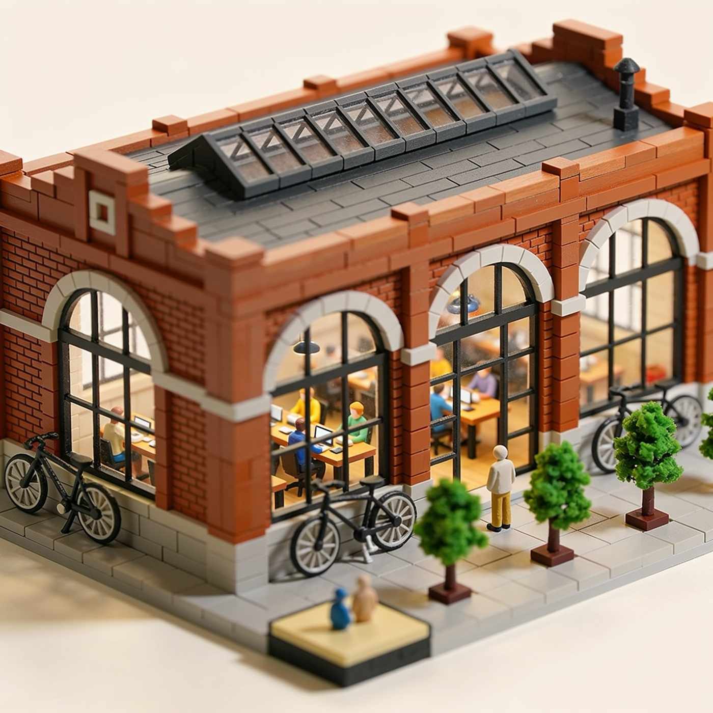 A miniature brick warehouse with tall arched windows and lit interiors