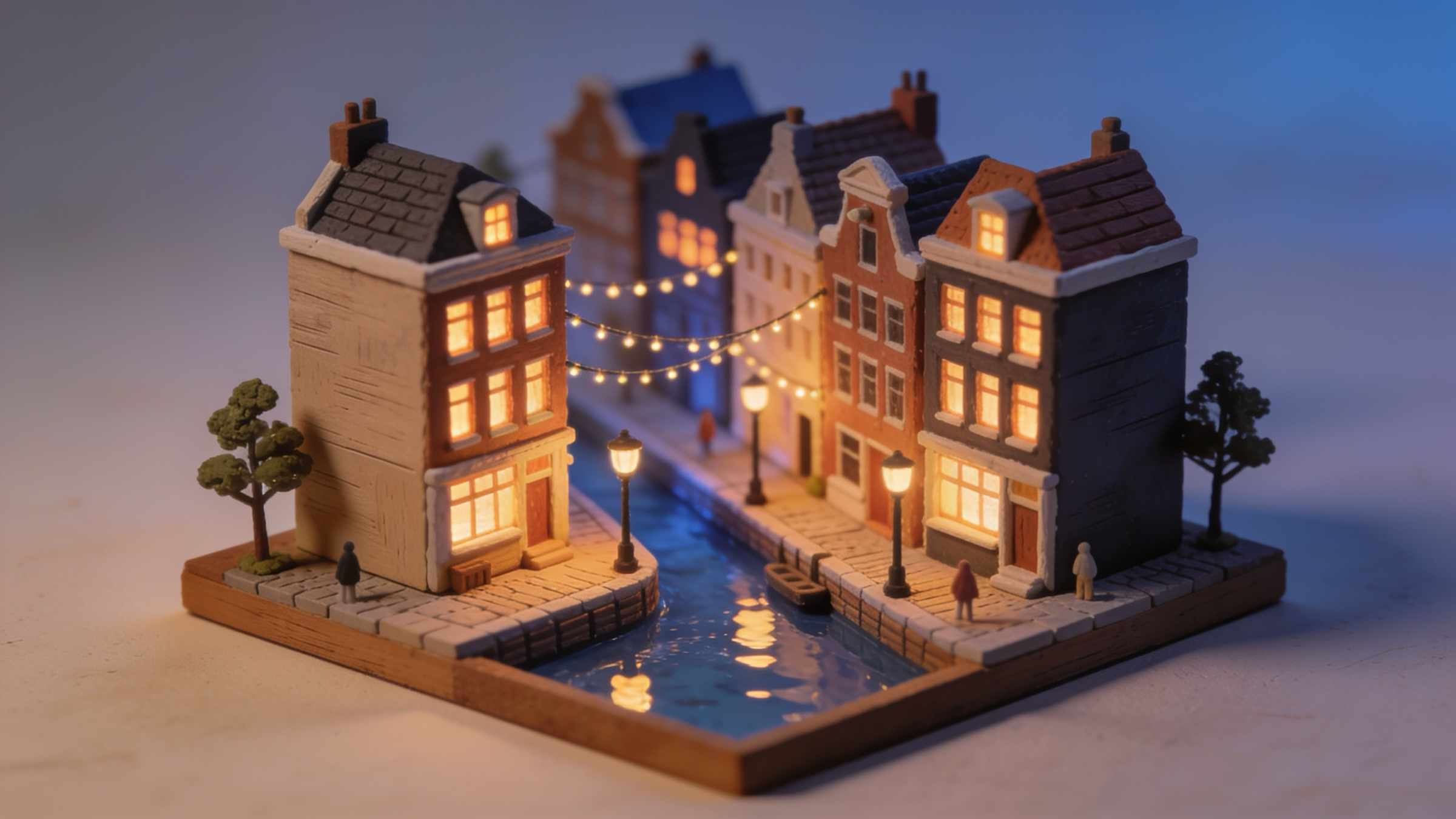A miniature canal-side street at dusk with warmly lit windows, string lights over the lane and lamps reflected in the water